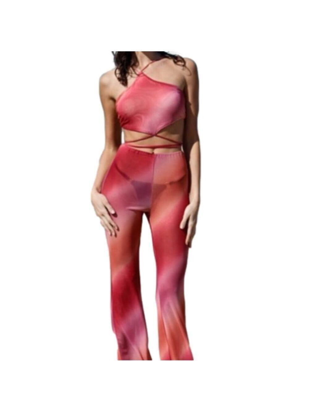𝅺Beachwear Tie-Dye Mesh Halter Wrap Top &Flare Pant Set
